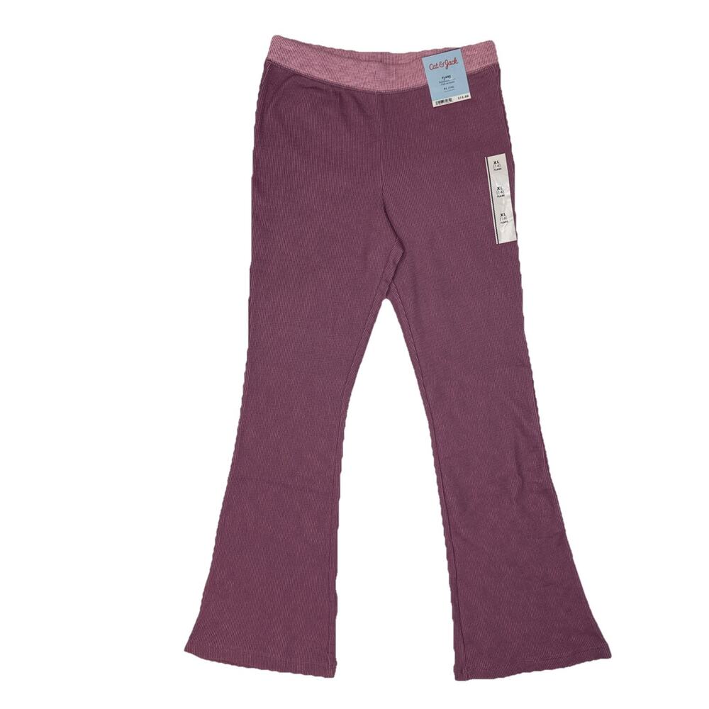 Cat & Jack Girls Ribbed Flare Sweatpants Reinforced Knees Lit. Plum Sz XL (14)